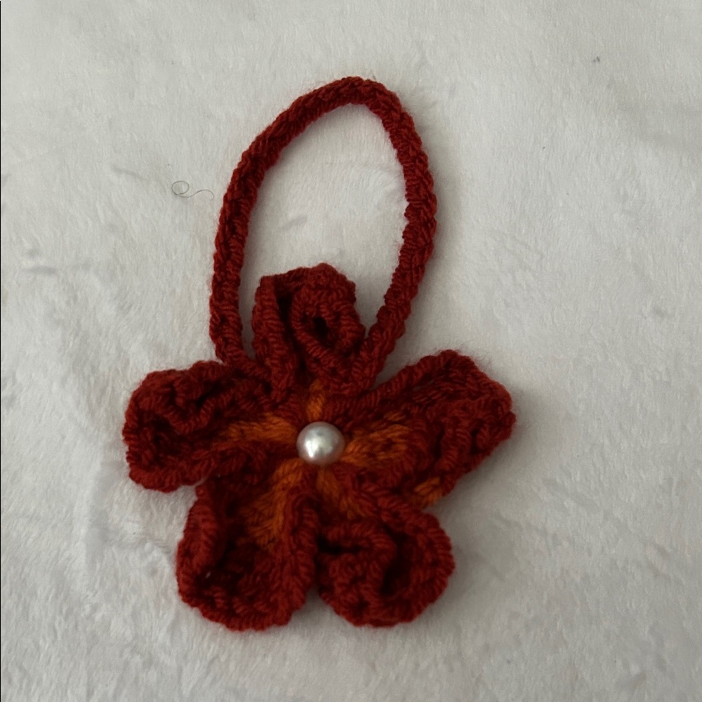 Flower bag charm Handmade /Crochet Flower with Pearl Accent